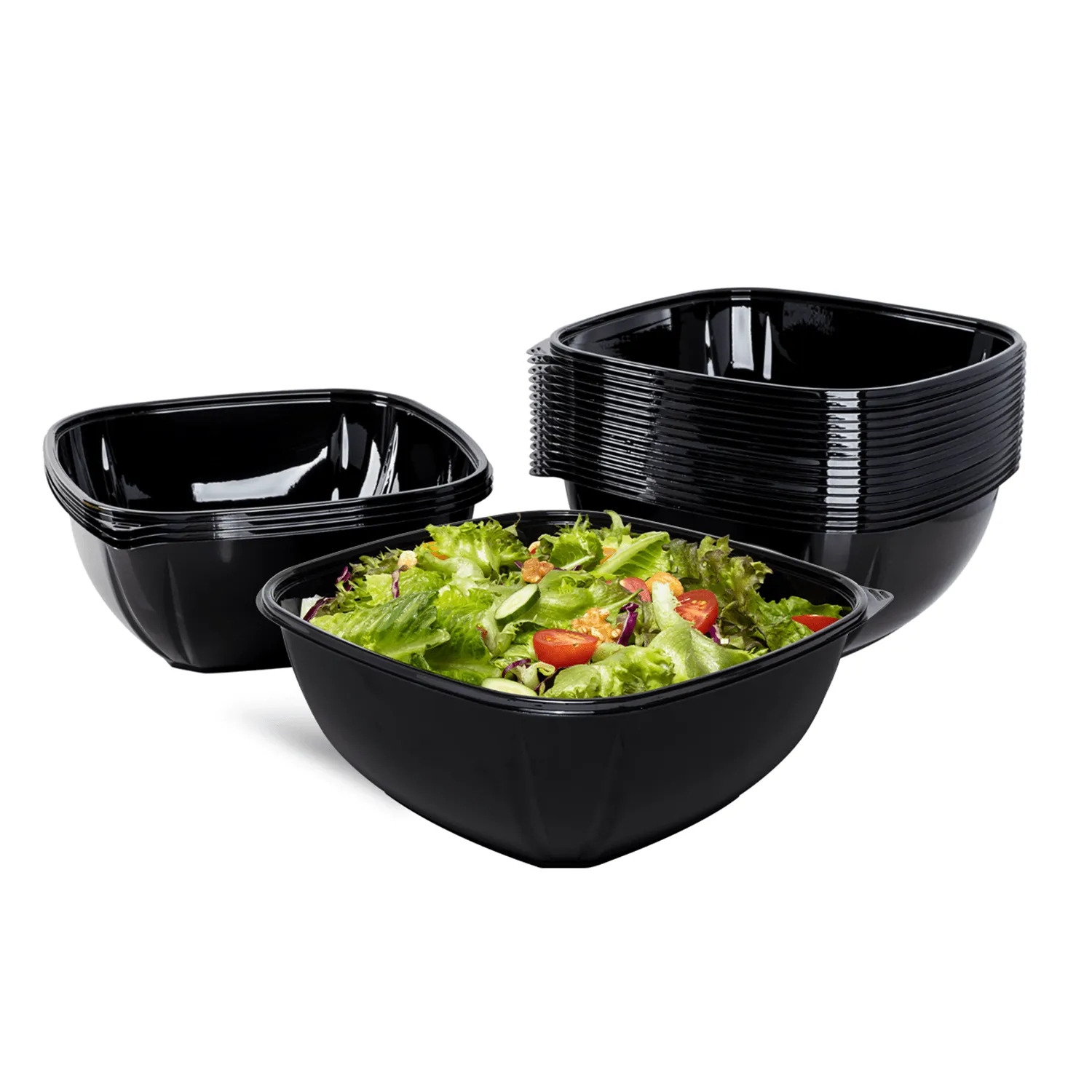 [50 ct] 160 oz Square Disposable Salad Bowls | PET | Black