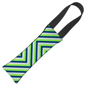 Dog Toy Squeaky Tug Toy - Chevron  Stripe White/Neon Green/Navy - NAVY Handle Webbing