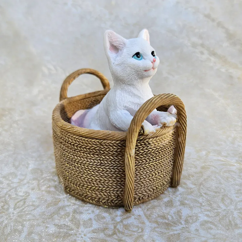 White Cat In Basket Figurine