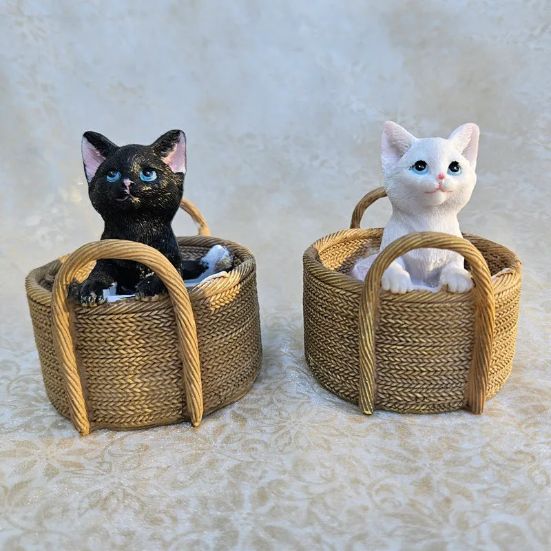 White Cat In Basket Figurine