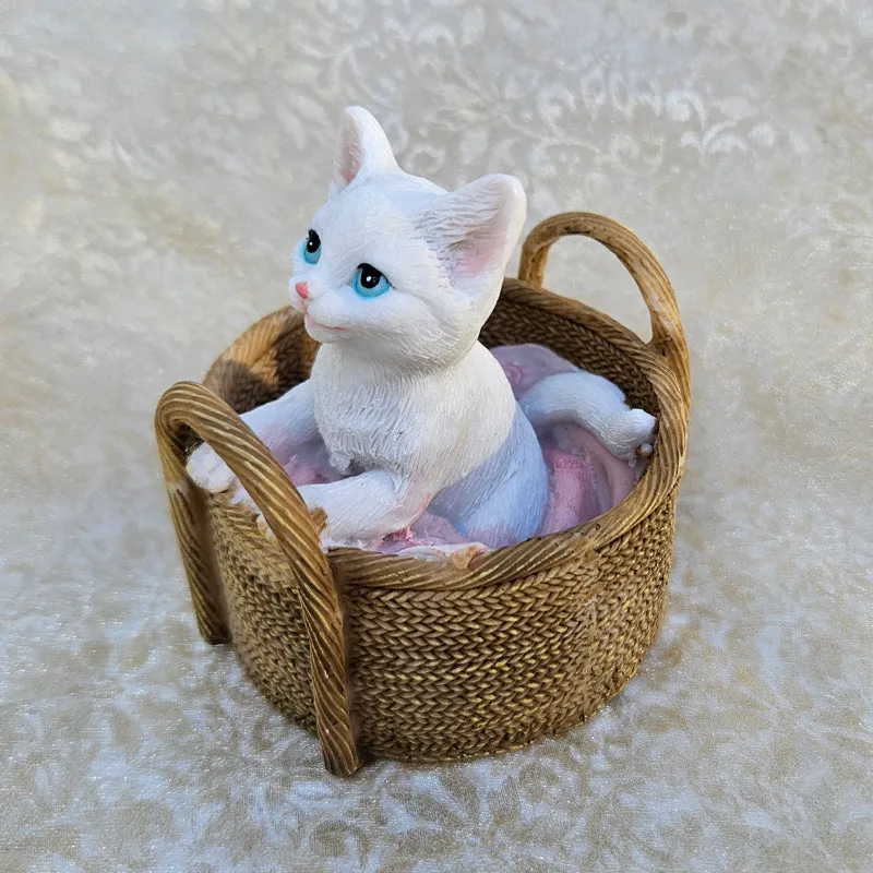 White Cat In Basket Figurine
